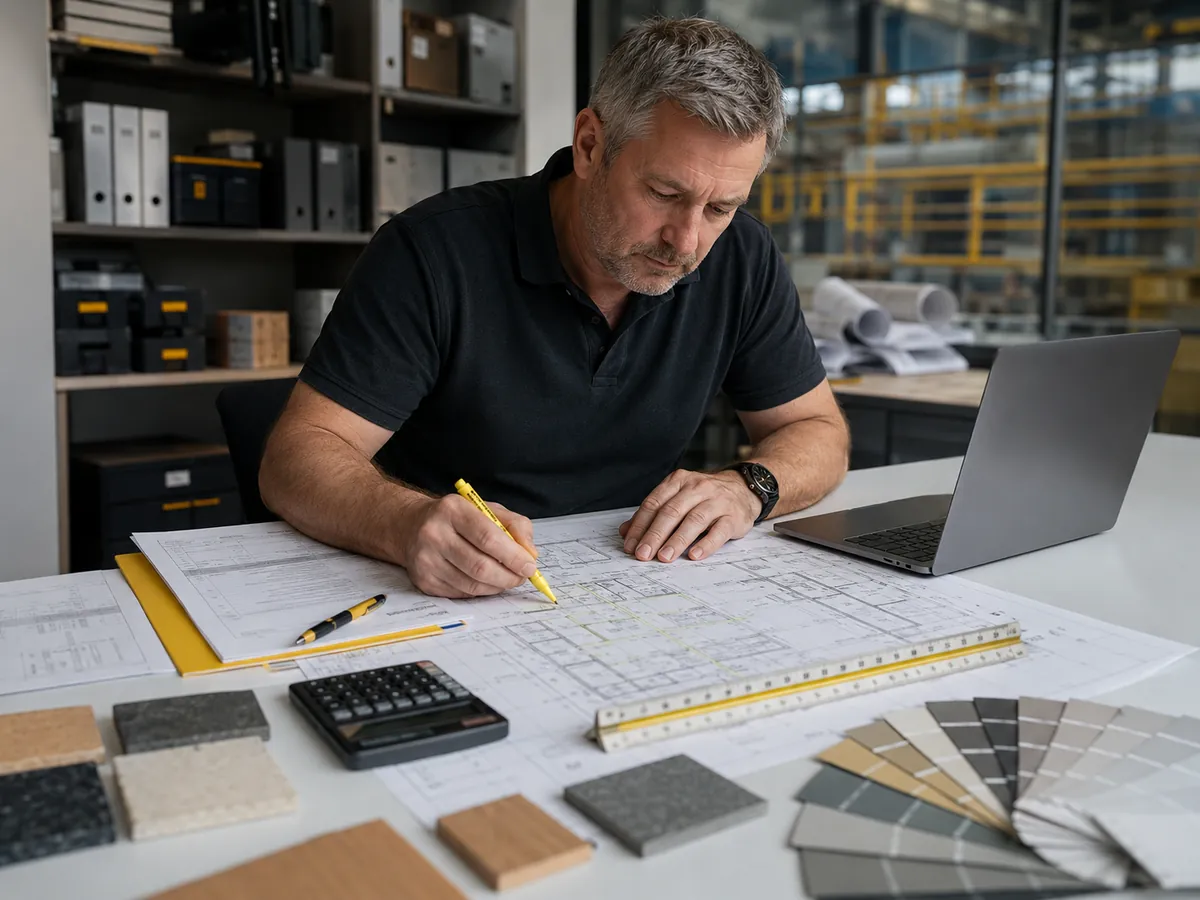 Estimator reviewing commercial fitout drawings, takeoff tools and finish samples