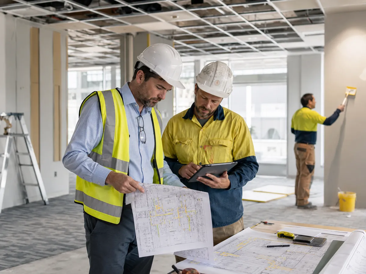 Project manager and site supervisor comparing drawings and a tablet during an interior fitout