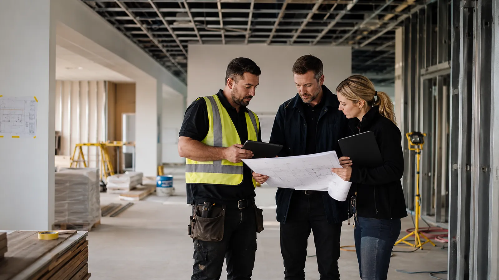 Commercial subcontractor team reviewing drawings and a tablet inside an interior fitout project