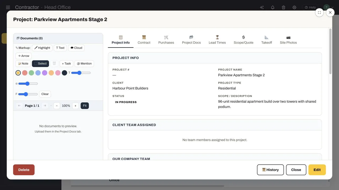 SubbieTRAC Contractor project record showing project information and tabs for contract, purchases, documents, lead times, scope and quote, takeoff and site photos