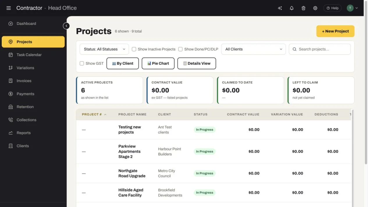 SubbieTRAC Contractor project register showing active projects, contract value, claimed to date, left to claim and project-level commercial columns