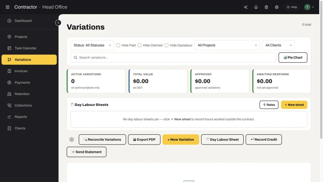 SubbieTRAC variation register showing status filters, commercial totals, day labour sheets, reconciliation, PDF export, credits and statement controls