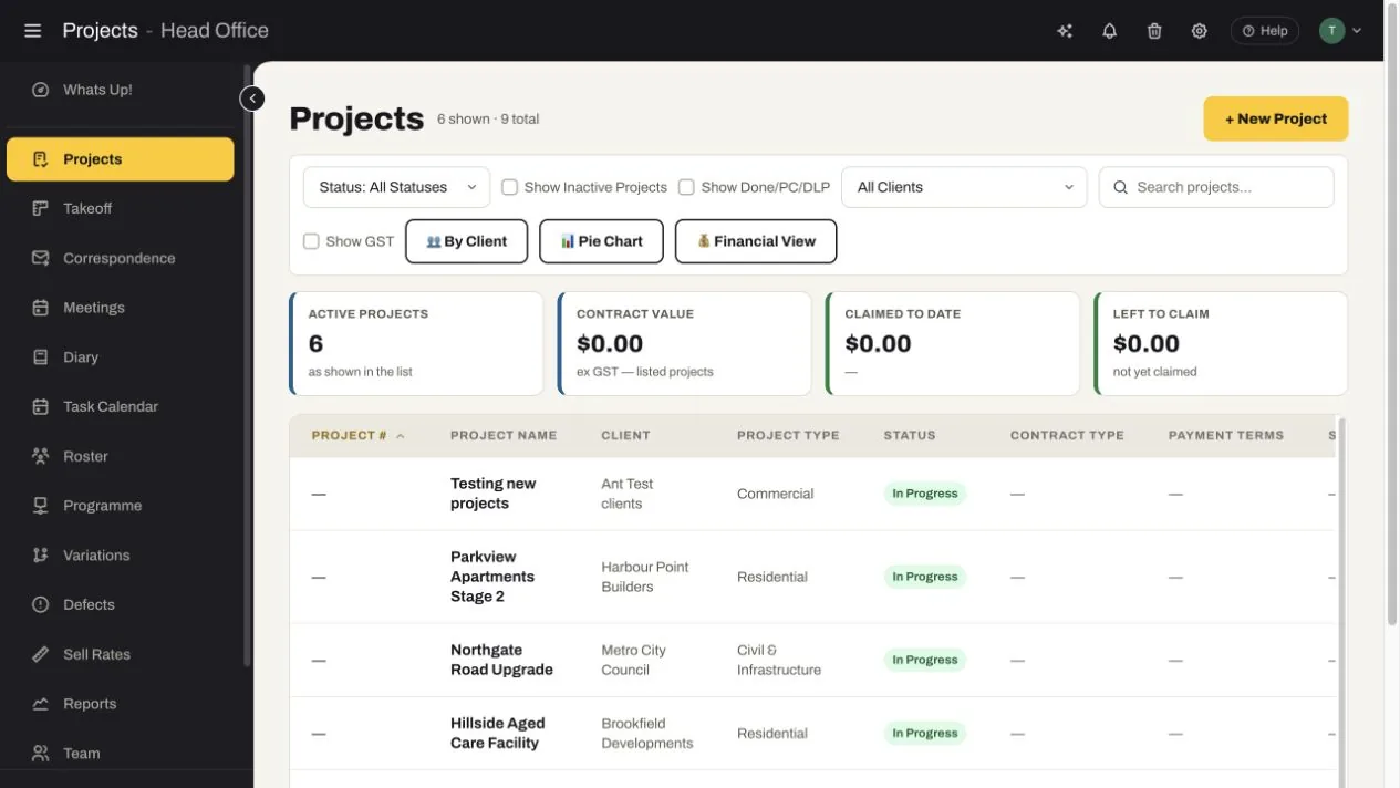 SubbieTRAC Project Management register showing active projects, clients, project types and access to takeoff, correspondence, meetings, diary, tasks, roster, programme, variations and defects