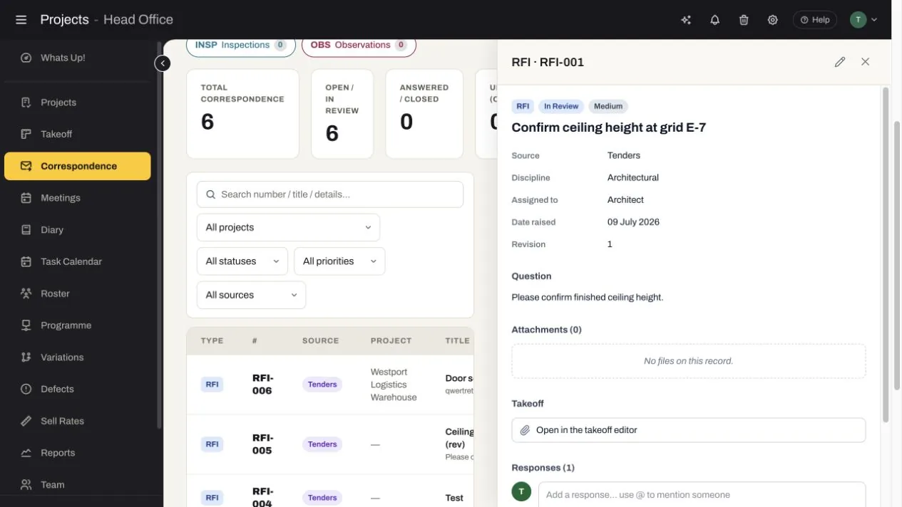 SubbieTRAC RFI detail showing status, discipline, assignee, question, takeoff link and response thread