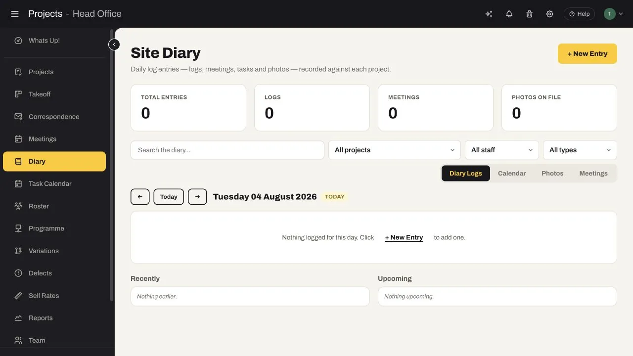 SubbieTRAC Site Diary showing project and staff filters, daily navigation, diary logs, calendar, photos and meetings views