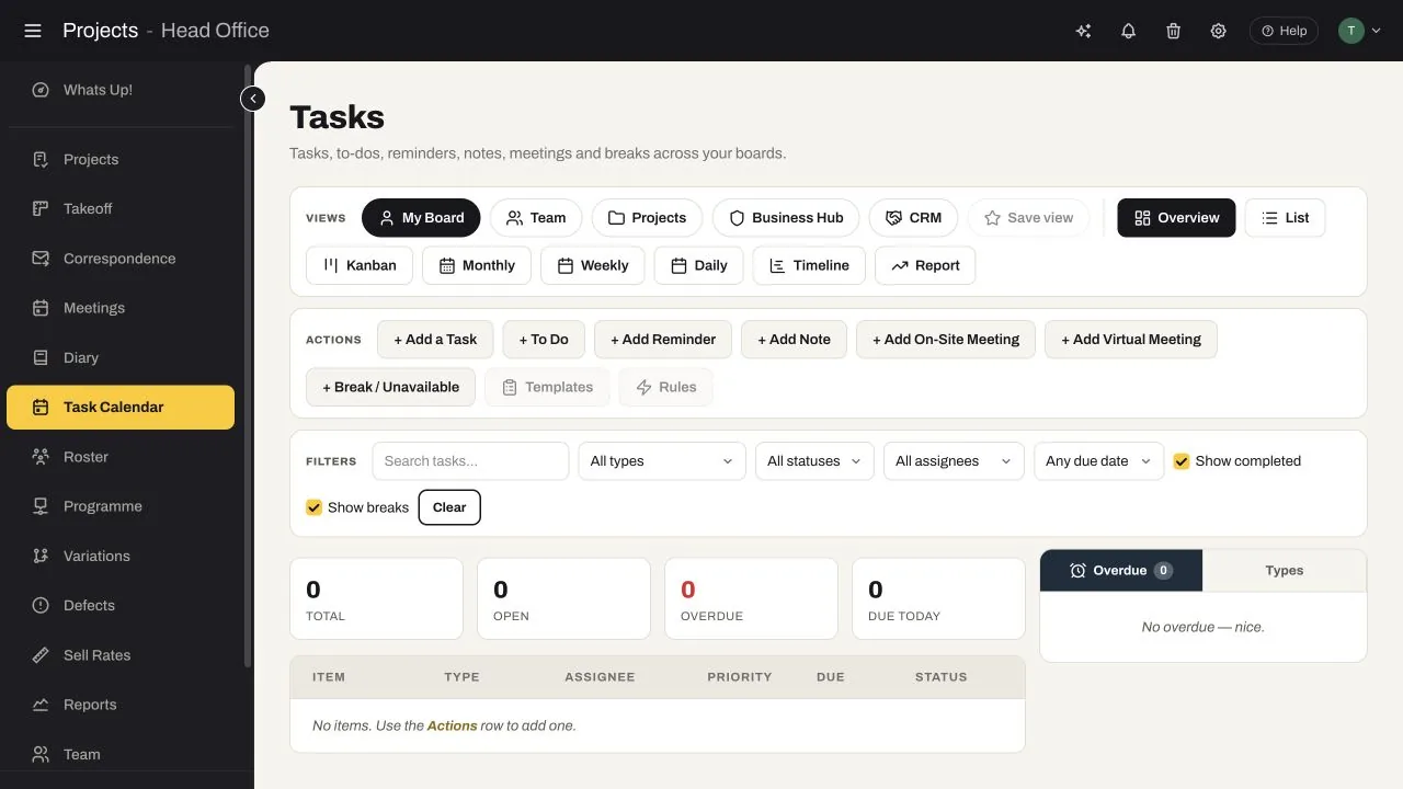 SubbieTRAC task calendar with personal, team and project views plus Kanban, monthly, weekly, daily, timeline and report options