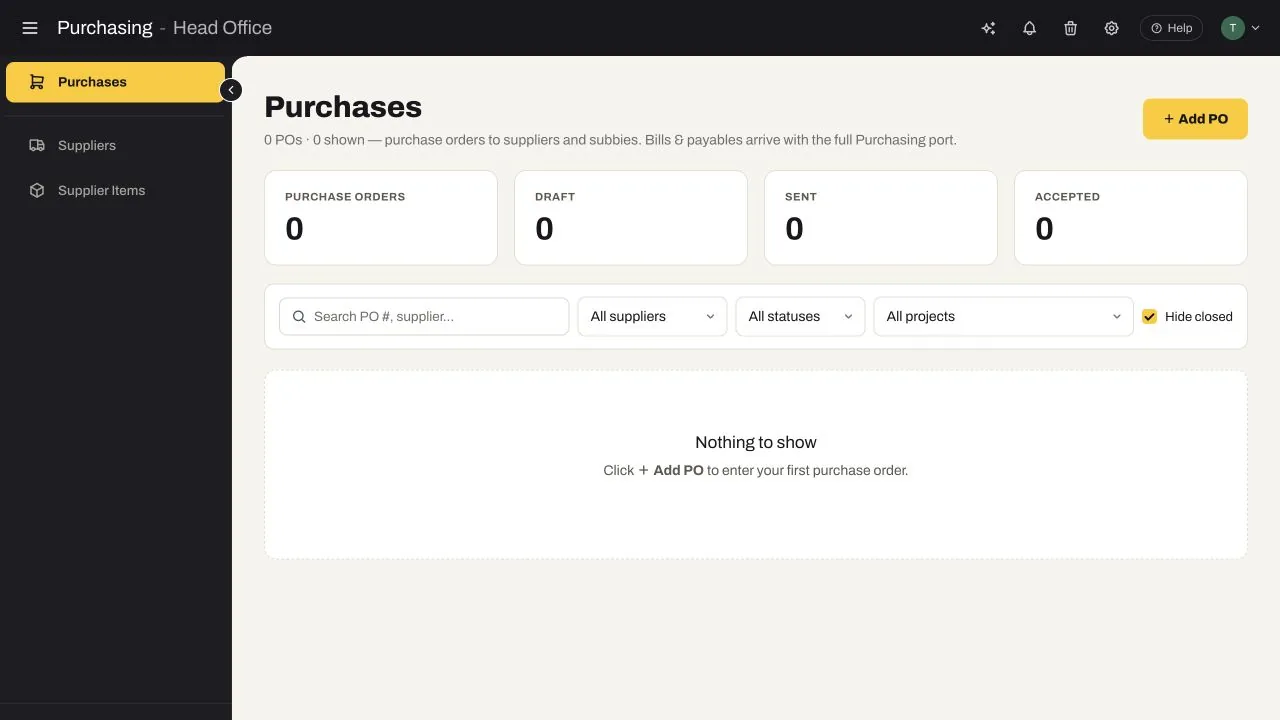 SubbieTRAC Purchases register with purchase-order, draft, sent and accepted metrics plus supplier, status and project filters
