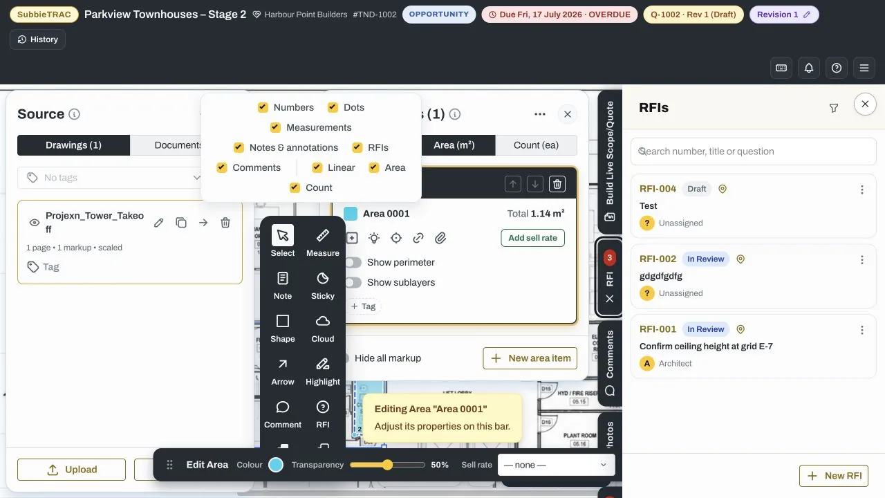SubbieTRAC Takeoff with a drawing-linked RFI panel showing draft and in-review RFIs beside the measured plan