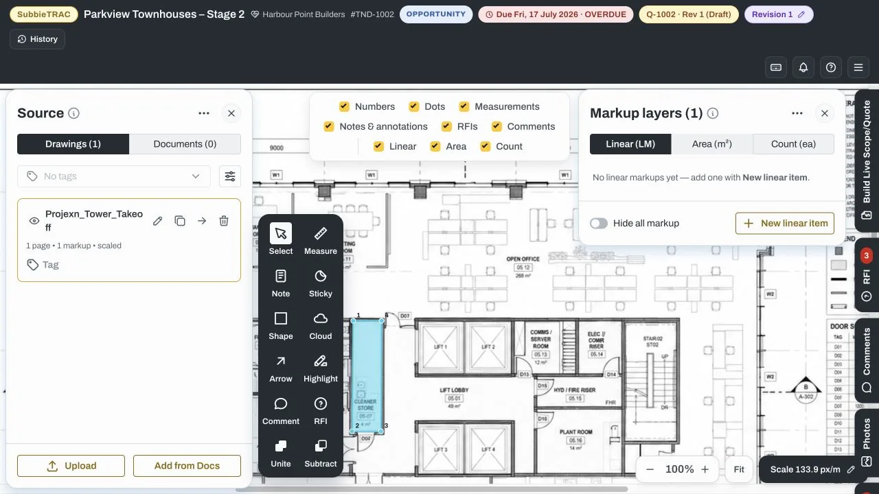 SubbieTRAC drawing takeoff workspace with source drawing, calibrated scale, measurement and annotation tools, canvas filters and markup layers