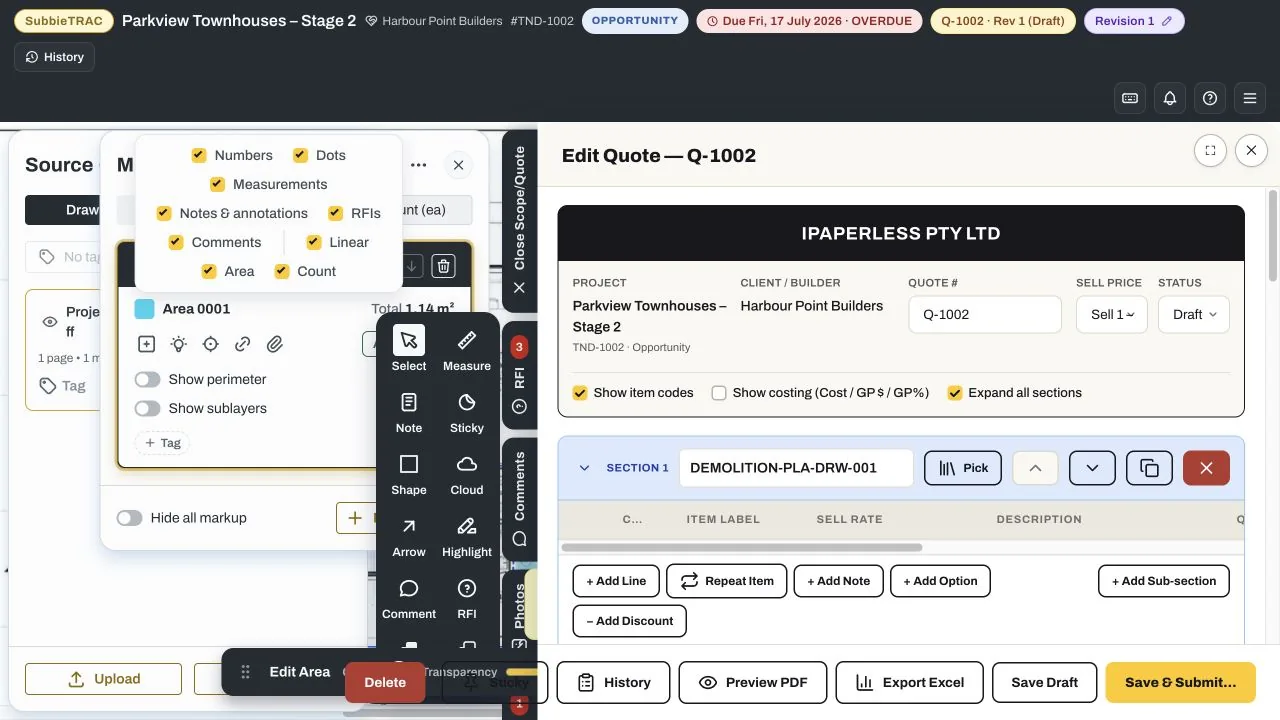 SubbieTRAC live scope and quote builder opened from the takeoff workspace for quote Q-1002