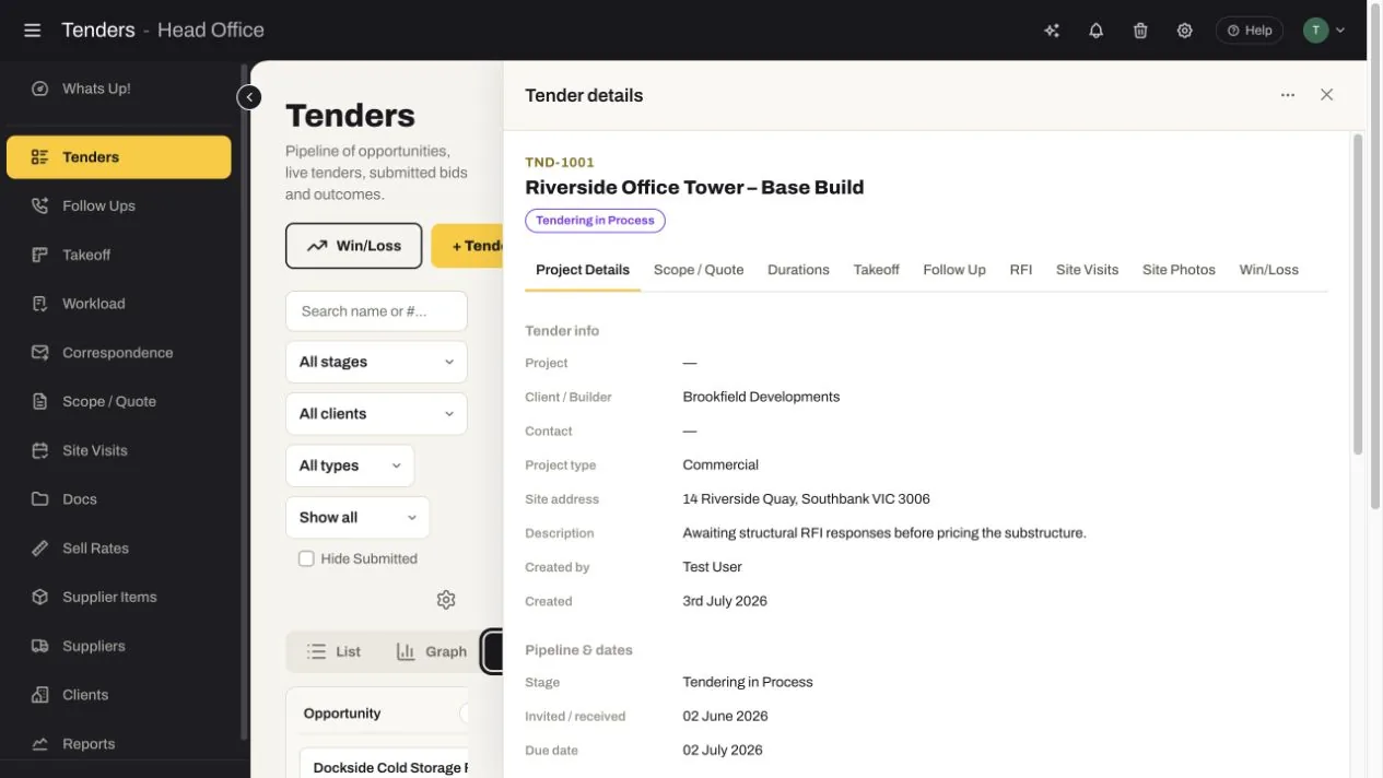 SubbieTRAC tender detail drawer showing project information, client, address, description, pipeline dates and tabs for quote, takeoff, follow-up, RFI and win-loss