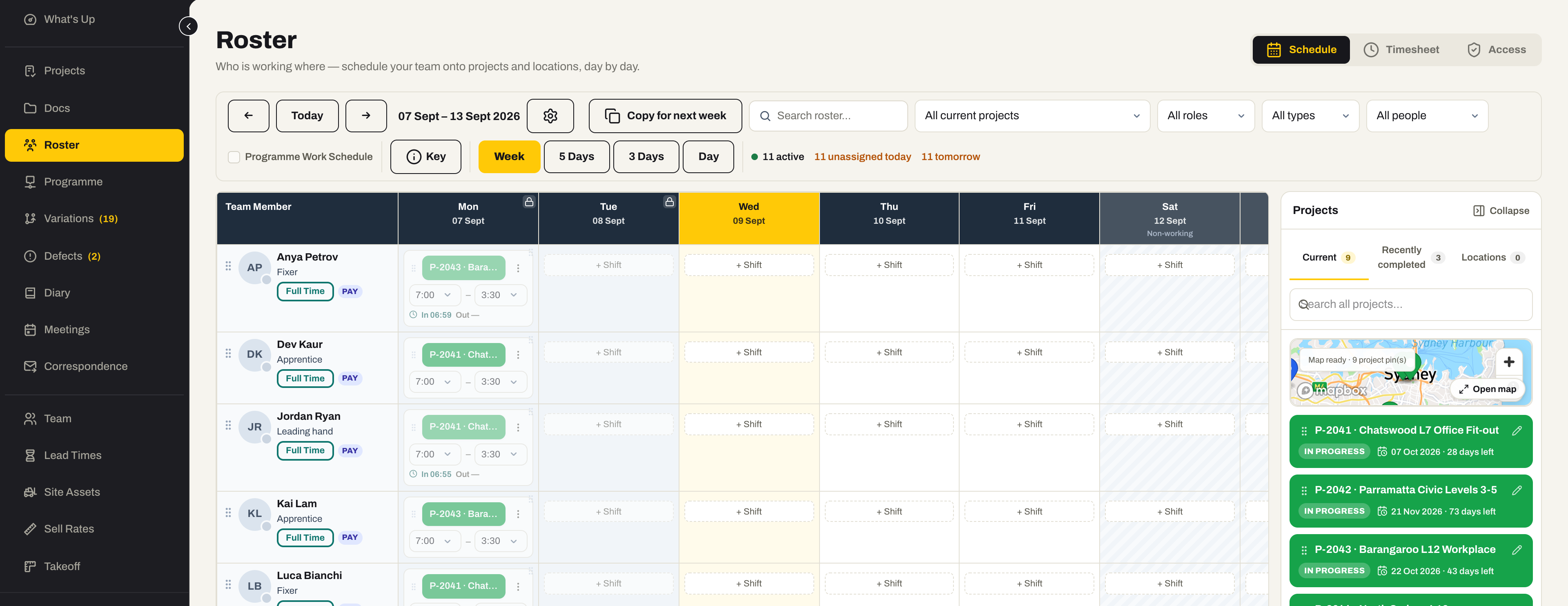 The Roster: team members down the side, the week across, shifts on projects, and a Projects panel with a map.