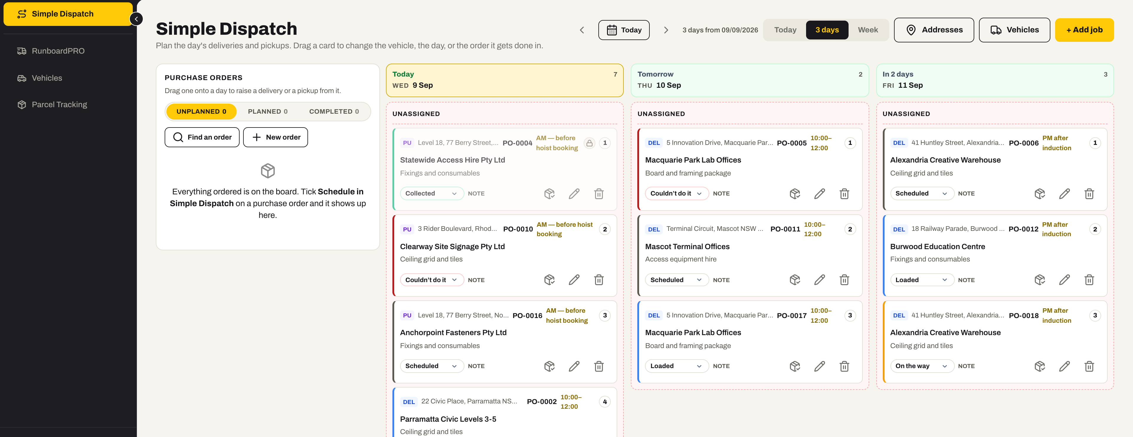 The Simple Dispatch board: a Purchase Orders rail on the left, then three day columns of delivery and pickup cards, each with its purchase order number, site address, time window and a status such as Loaded, On the way, Delivered, Collected or Couldn’t do it.