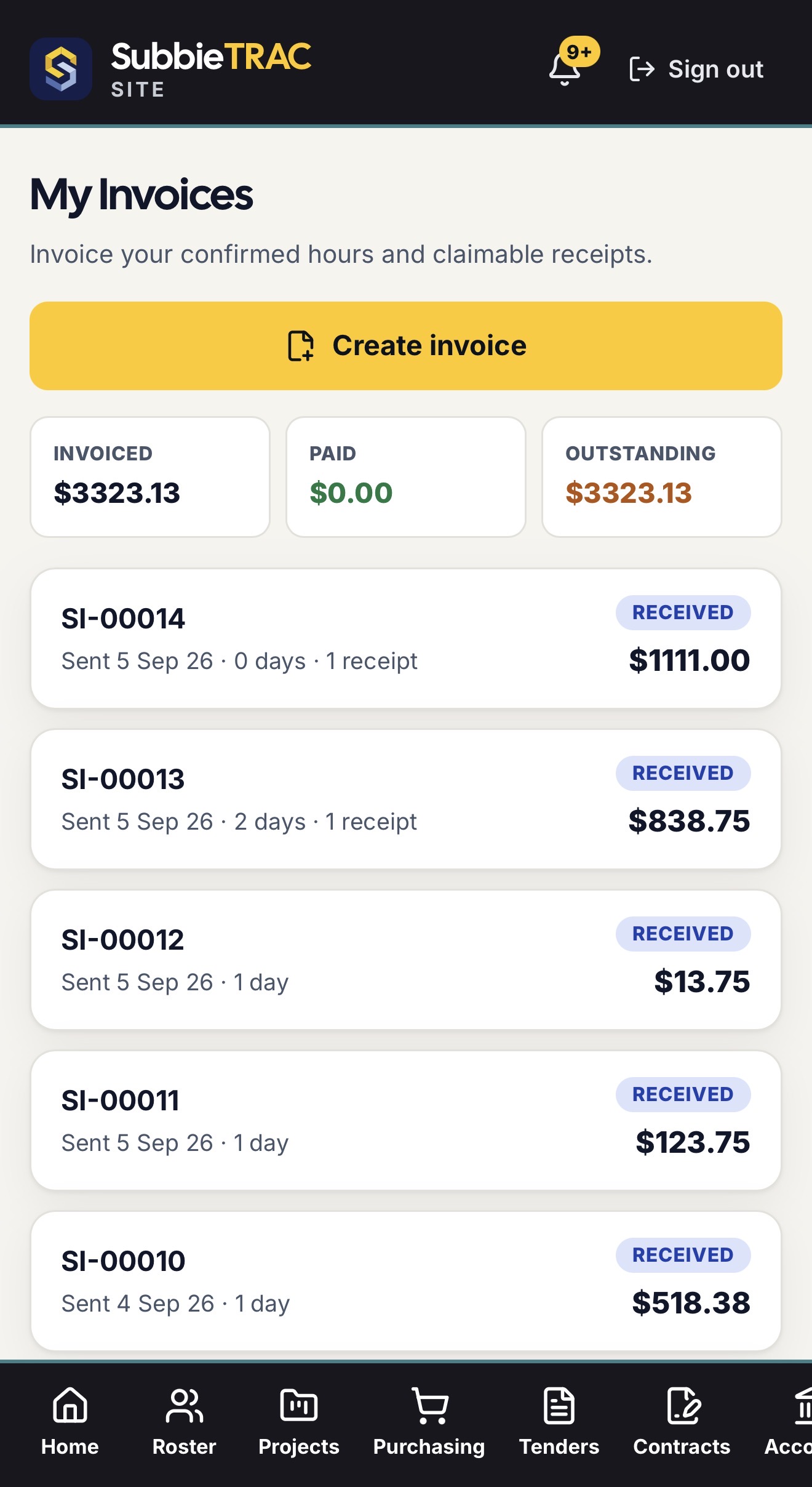 My Invoices on a phone: invoiced, paid and outstanding, a Create invoice button, and each invoice with its number, date, days, receipts, amount and a Received badge.