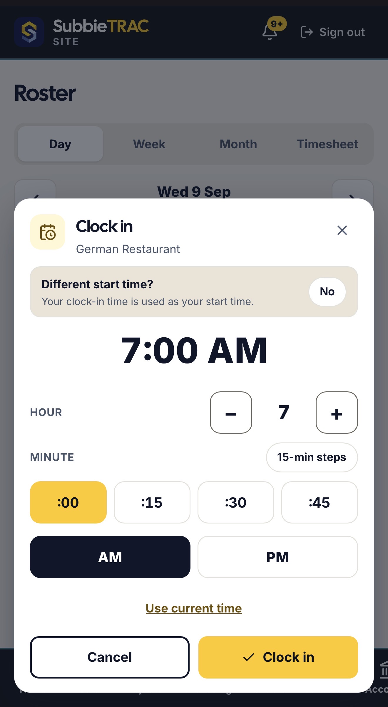 SubbieTRAC Site on a phone: the Roster with today’s shift and the Clock in dialog open — the start time in 15-minute steps, AM or PM, Use current time, and a Clock in button.