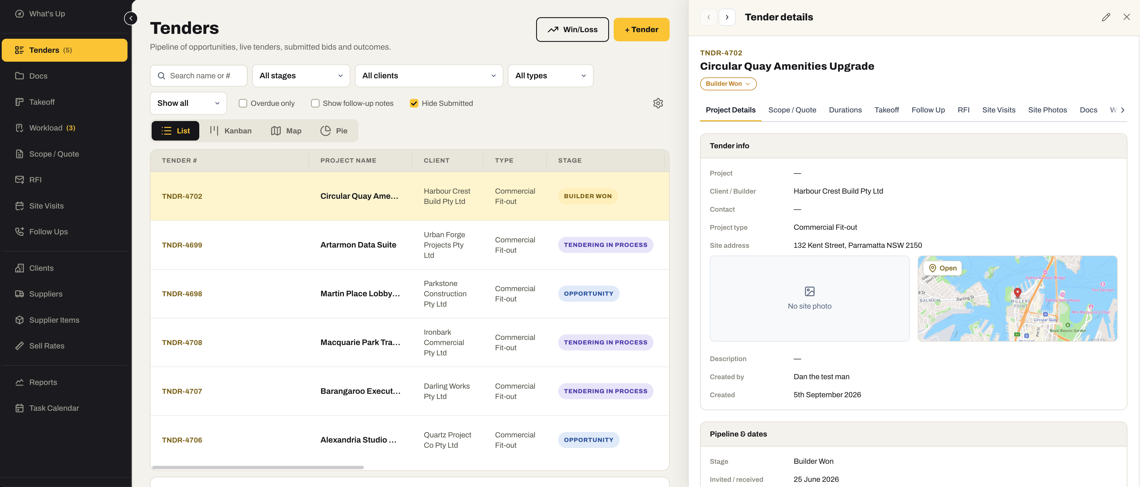 The Tenders register with the Tender details drawer open on one tender: the list of tenders with client, type and stage on the left; on the right the tender’s project details — client, project type, site address with a map, description, created by — and its pipeline and dates, with tabs for Scope / Quote, Durations, Takeoff, Follow Up, RFI, Site Visits, Site Photos and Docs.