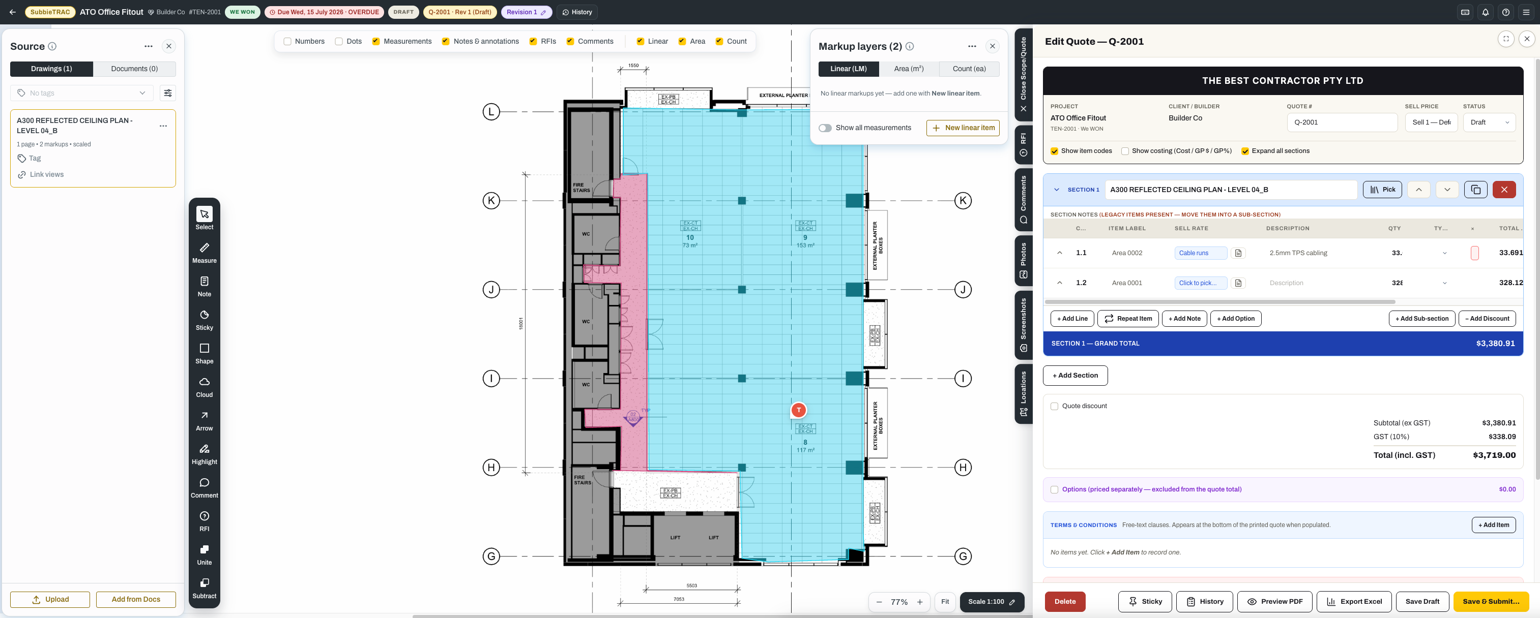 SubbieTRAC with the takeoff drawing and the live quote open side by side — measured quantities feeding priced quote lines.
