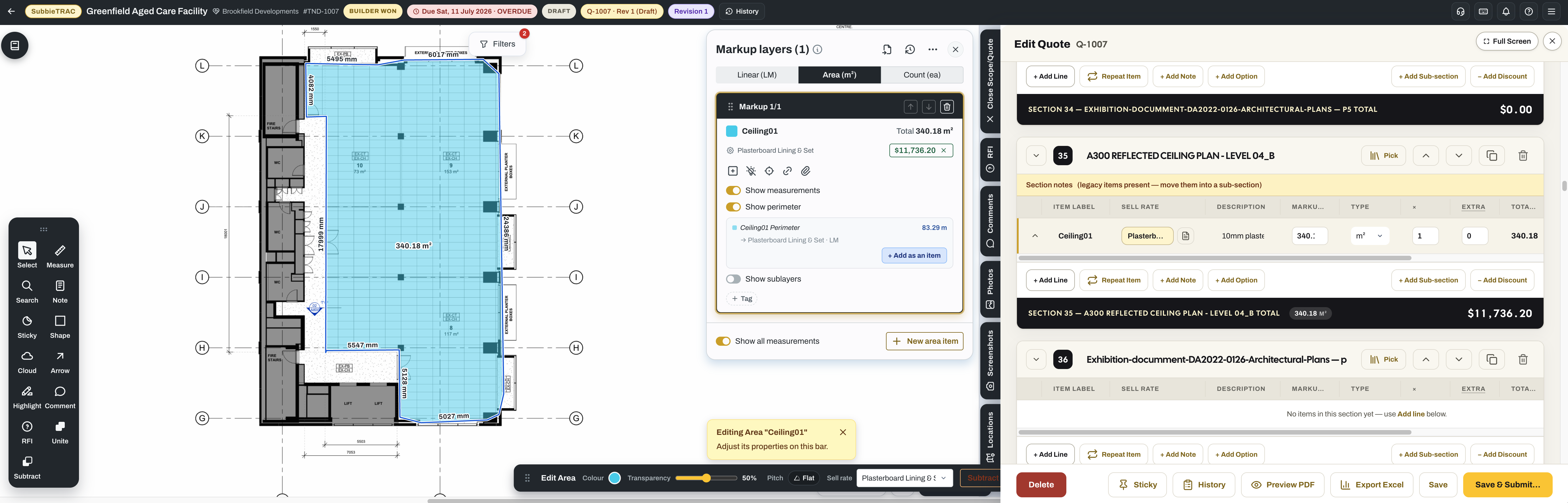 Takeoff with the live quote: the measured drawing on the left, its markup layer in the middle, and the Edit Quote panel on the right with the measured line already priced at its Sell Rate.